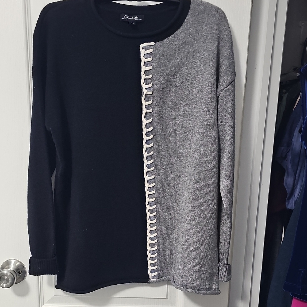CHARLIE B Black Sweater with Lace-Up Accent